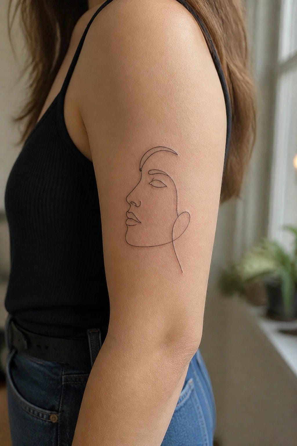 Woman's upper arm with minimalist line face tattoo, black tank top, blue jeans