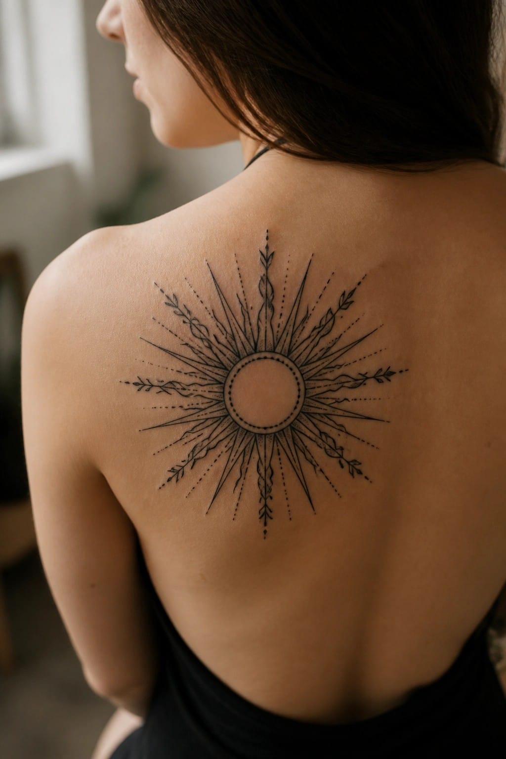 Woman's bare back with large black sun tattoo featuring rays and leafy accents.