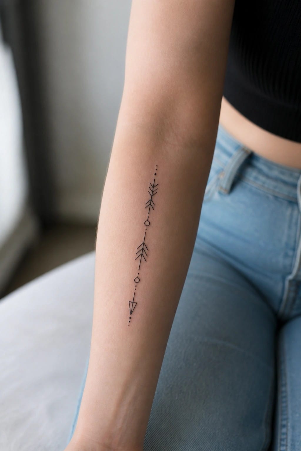 Minimalist vertical arrow tattoo on forearm, black top and blue jeans visible