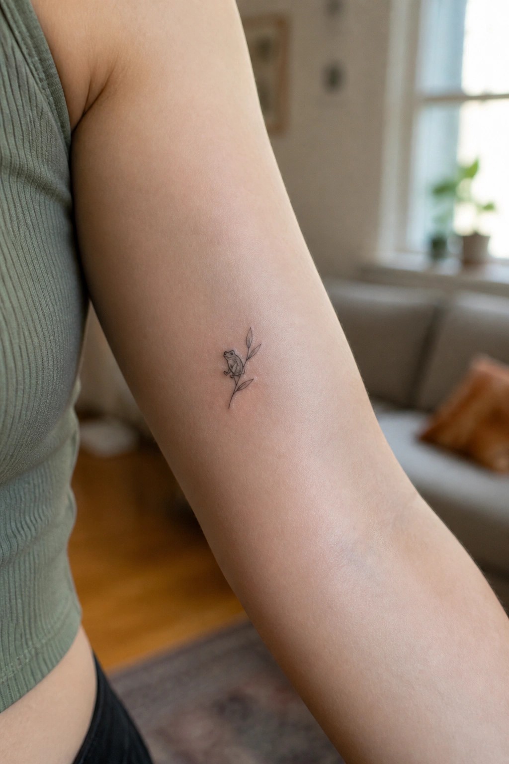 Small frog on leafy branch tattoo on upper arm in green top
