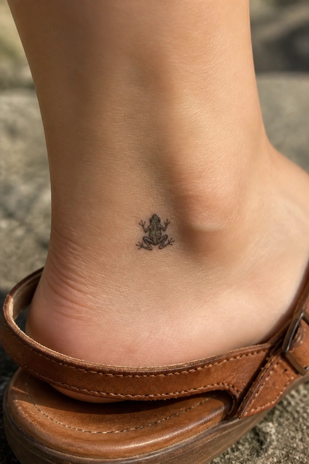 Small frog tattoo on the outer ankle above a brown sandal