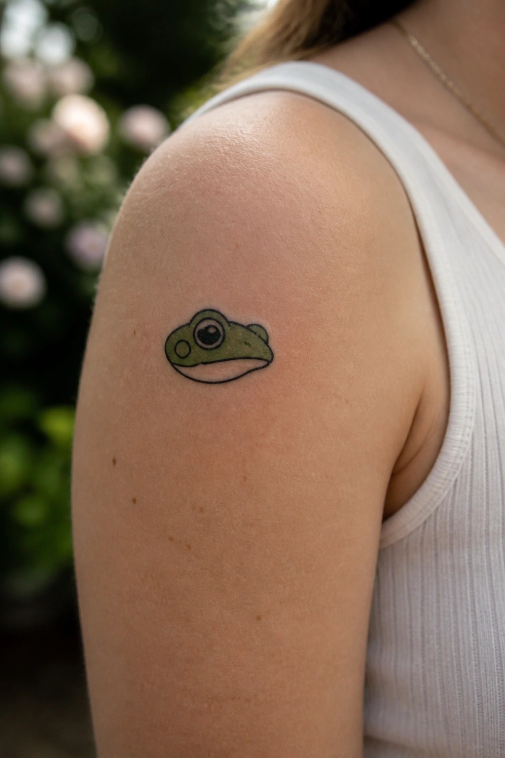 Small green frog tattoo on shoulder of person in white tank top.