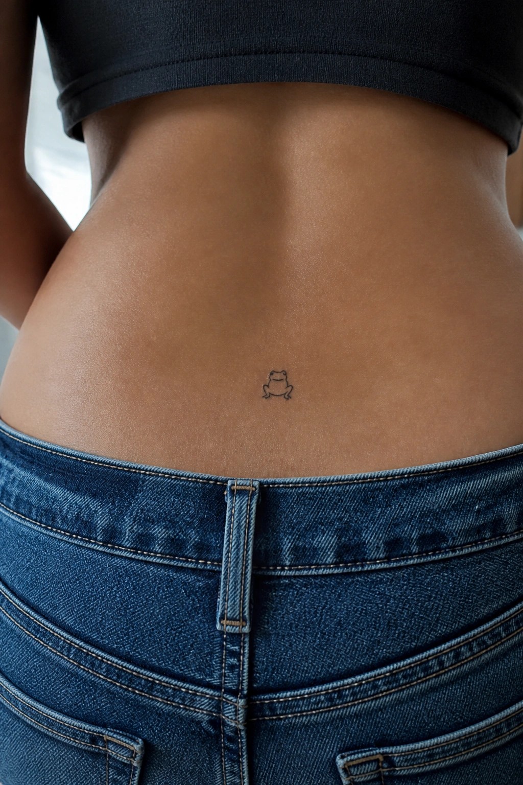 Close-up of lower back showing small frog tattoo above blue jeans and black crop top.