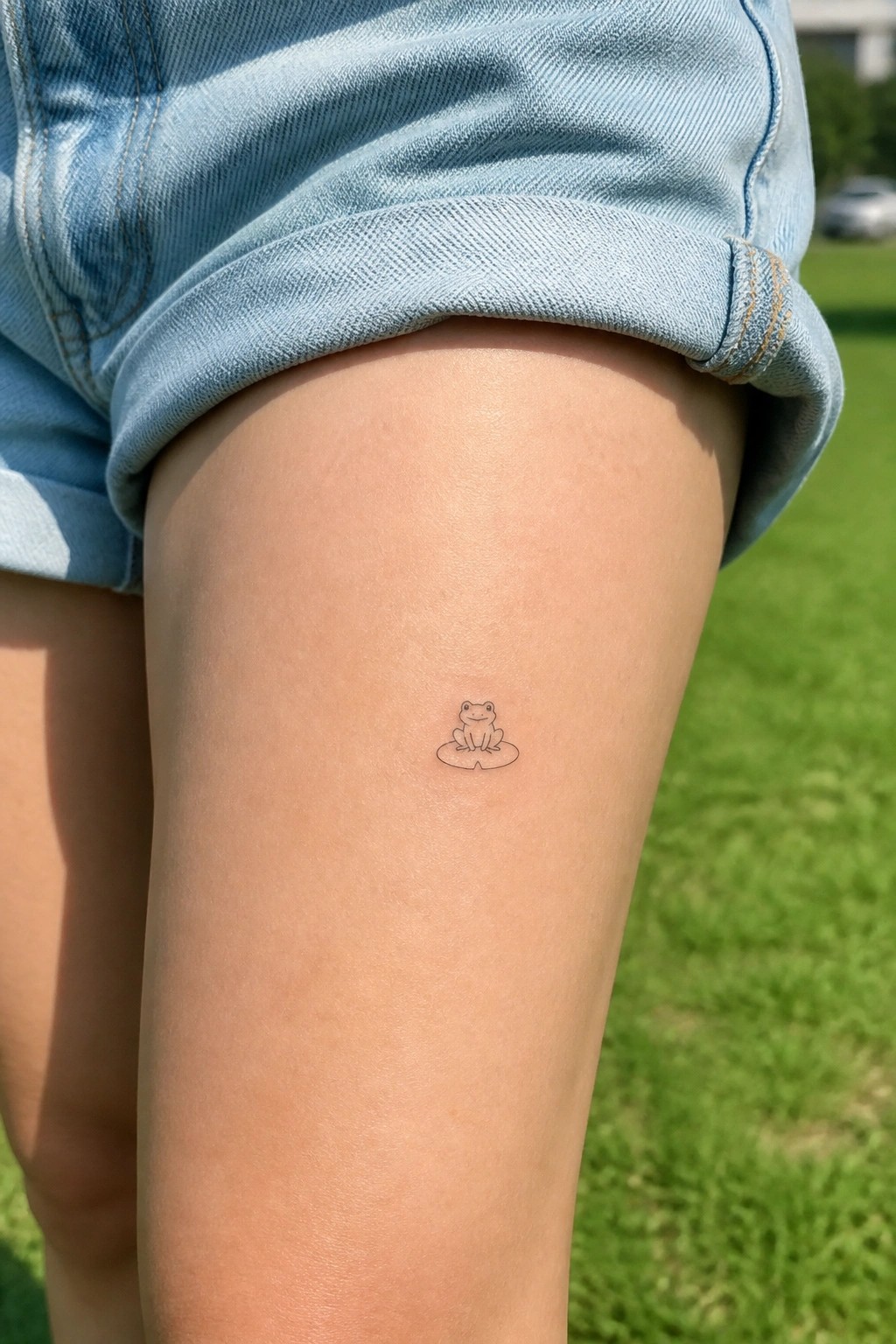 Light blue cuffed denim shorts over thigh with tiny frog-on-lily-pad tattoo