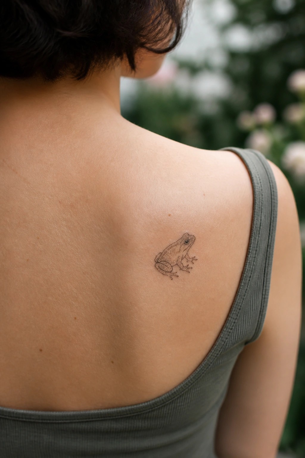 Small frog tattoo on shoulder of person in gray tank top outdoors