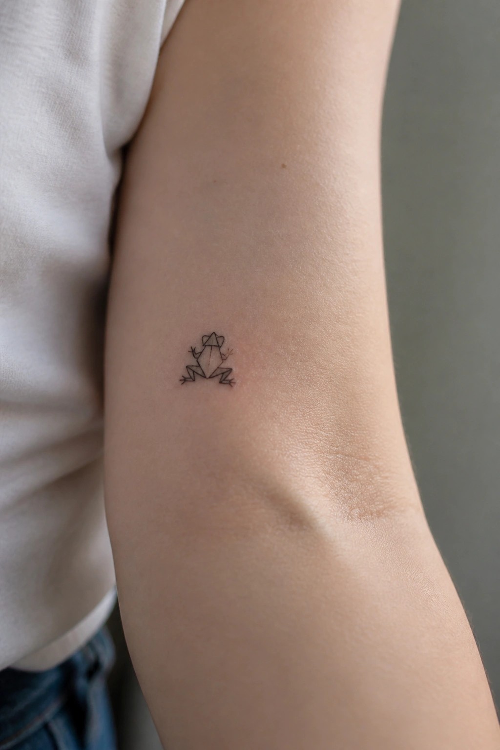 Minimalist black line-art frog tattoo on inner forearm with white shirt.