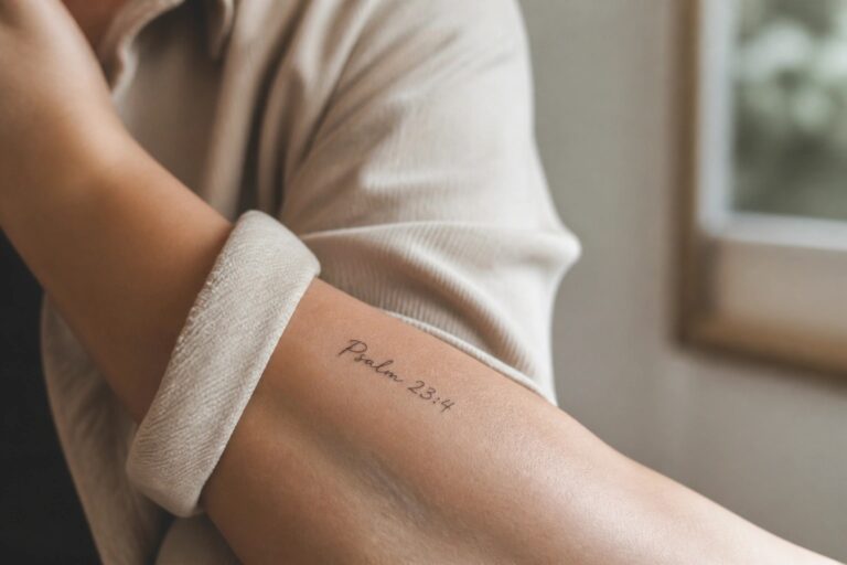 20 Inspiring Bible Verse Tattoos to Keep God’s Word Close Every Day Forearm with cursive Psalm 23:4 tattoo, cream rolled-up sleeve, blue jeans visible.