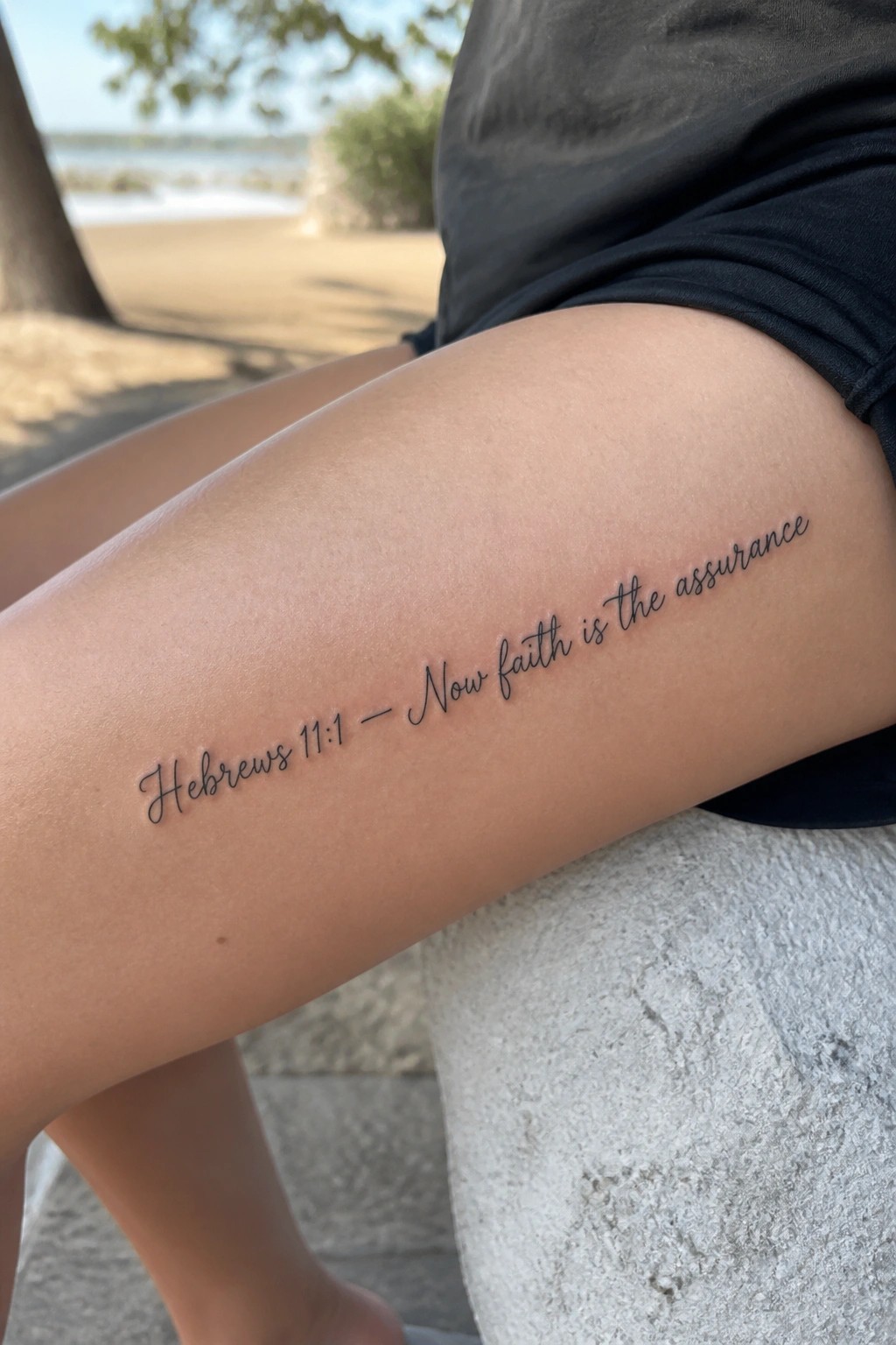 Cursive tattoo on thigh reading
