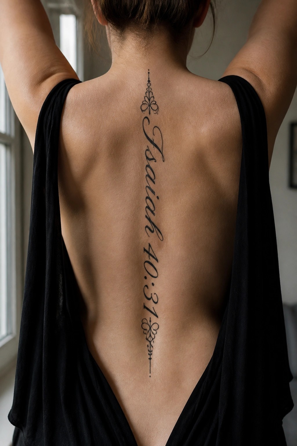 Vertical spine tattoo of Isaiah 40:31 in black script with small decorative flourishes at the top and bottom.