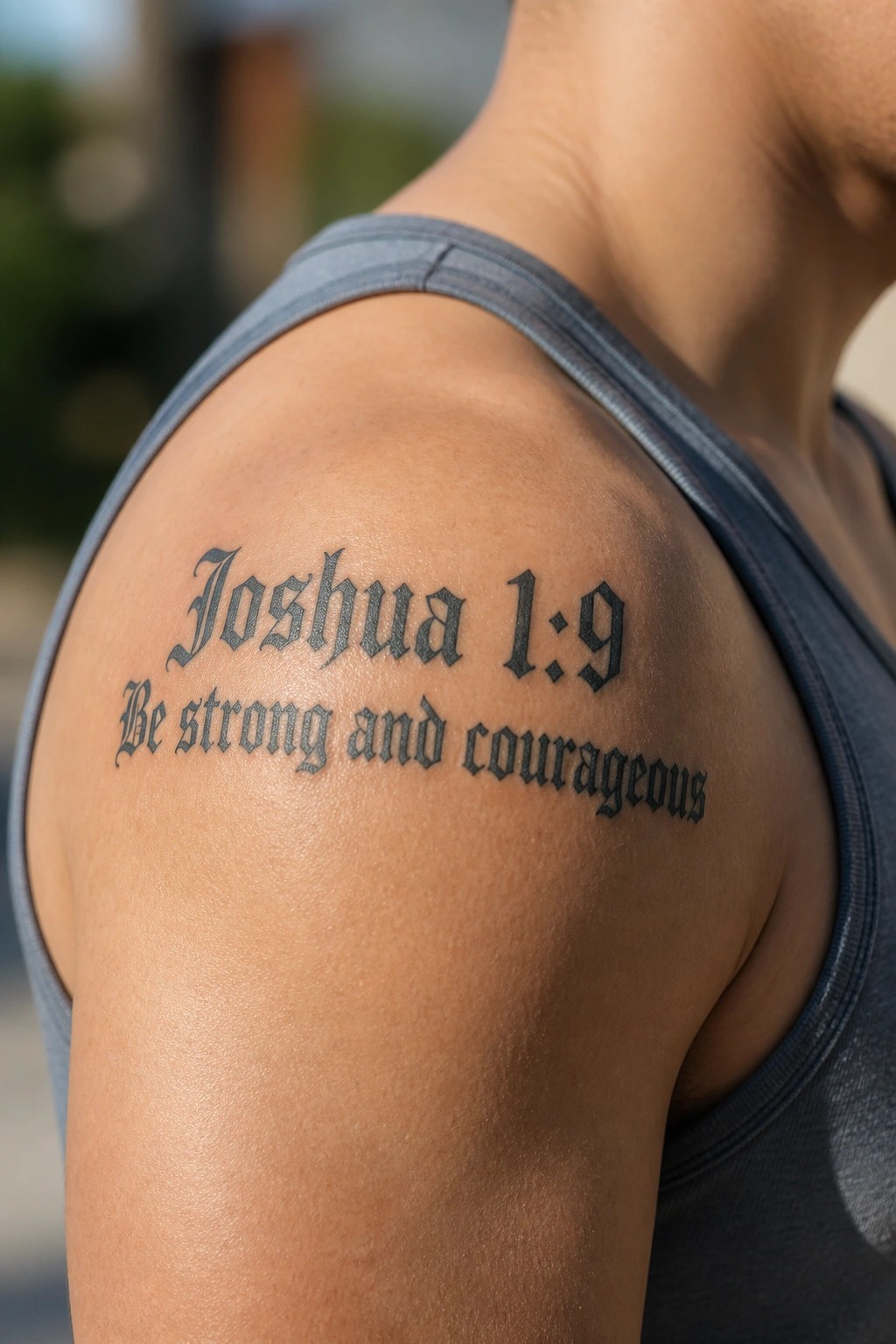 Black gothic tattoo on shoulder reading