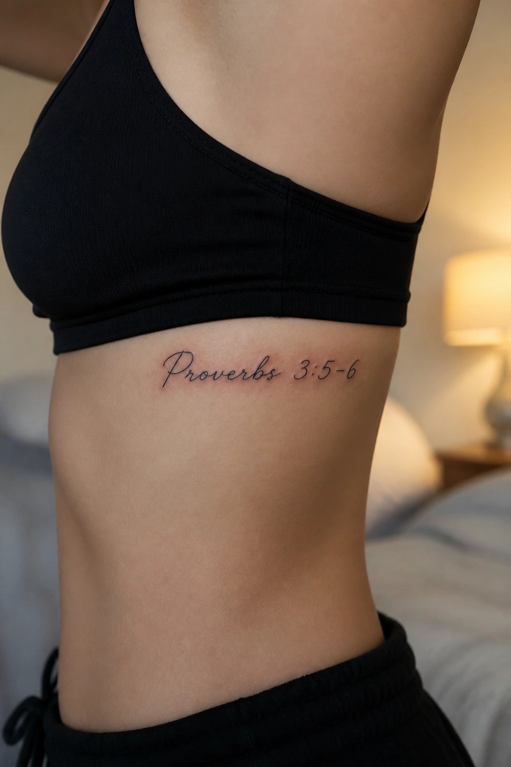 Woman's midriff in black crop top showing Proverbs 3:5-6 ribcage tattoo in bedroom