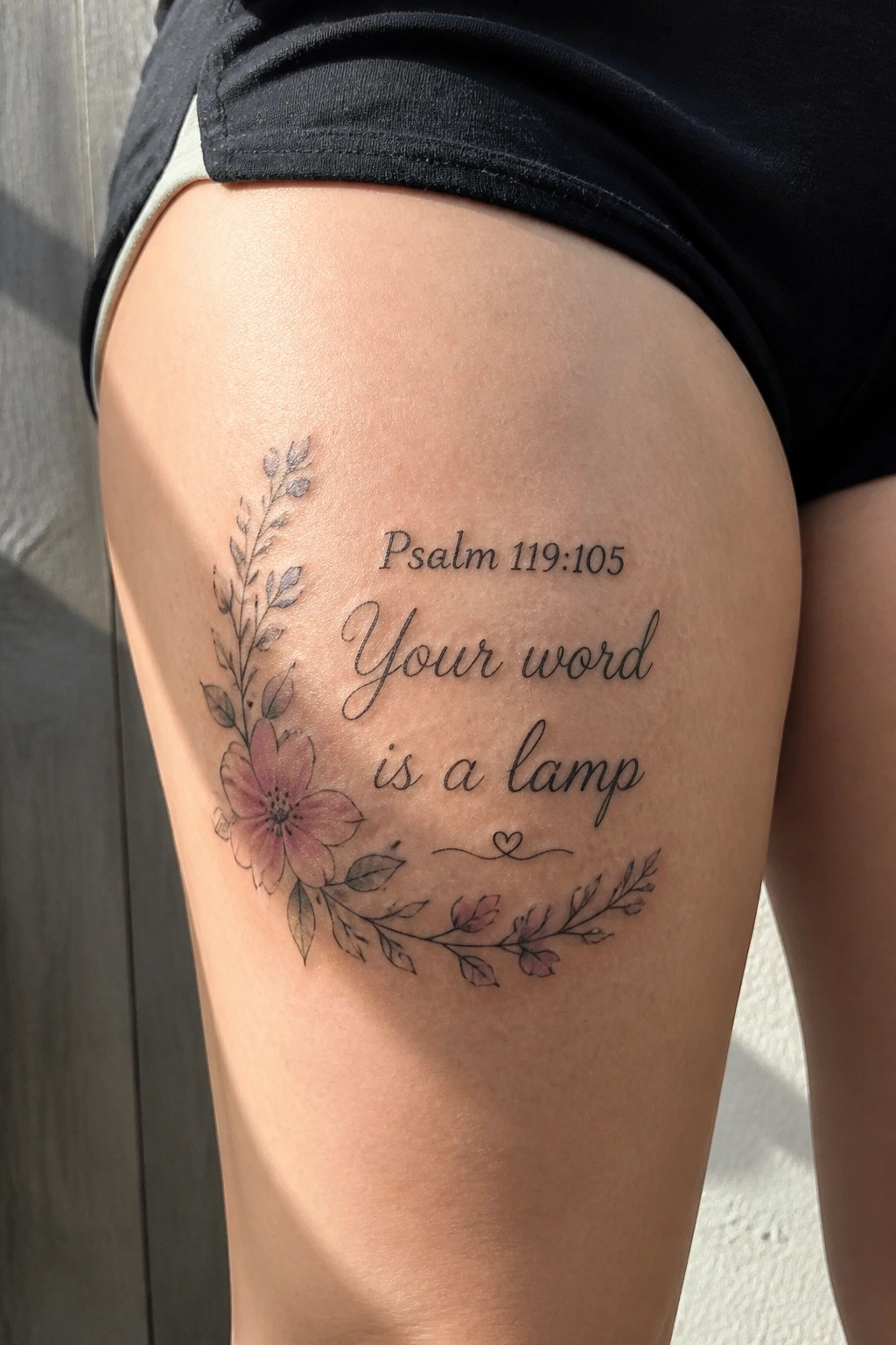 Tattoo on thigh with pink flowers, leaves, and Psalm 119:105 verse text