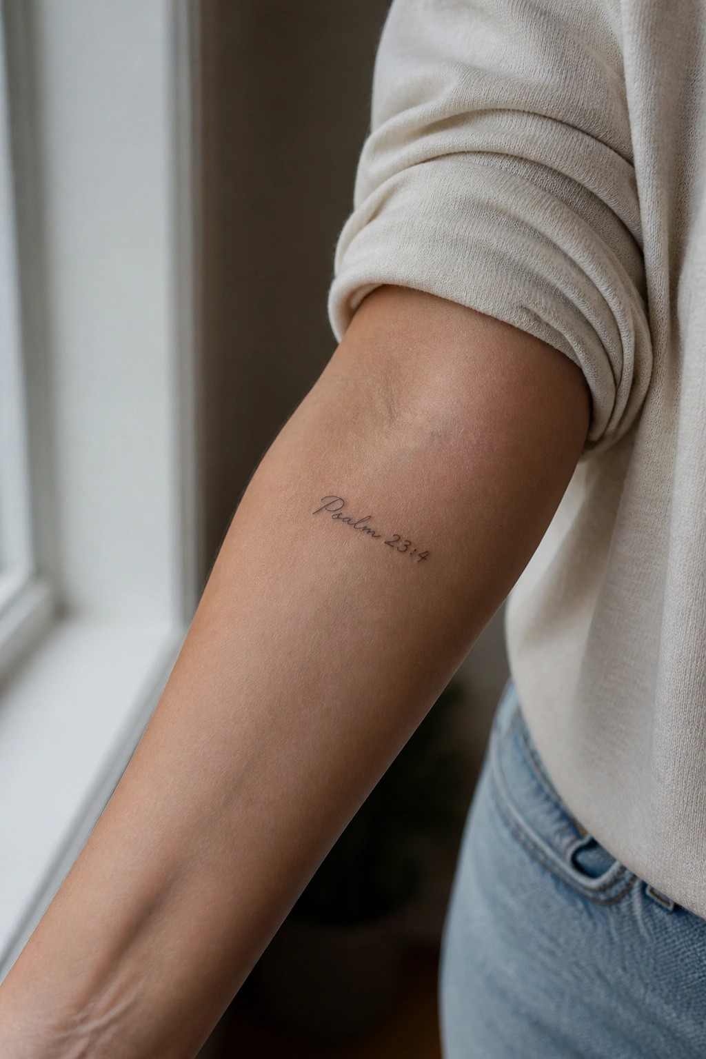 Forearm with cursive Psalm 23:4 tattoo, cream rolled-up sleeve, blue jeans visible.