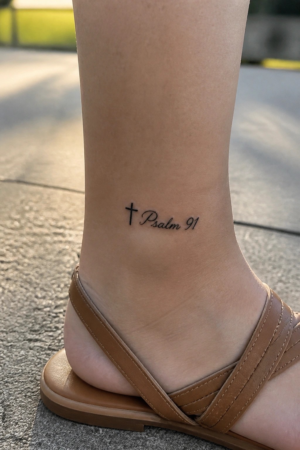 Black cross and Psalm 91 tattoo on ankle above brown strappy sandal