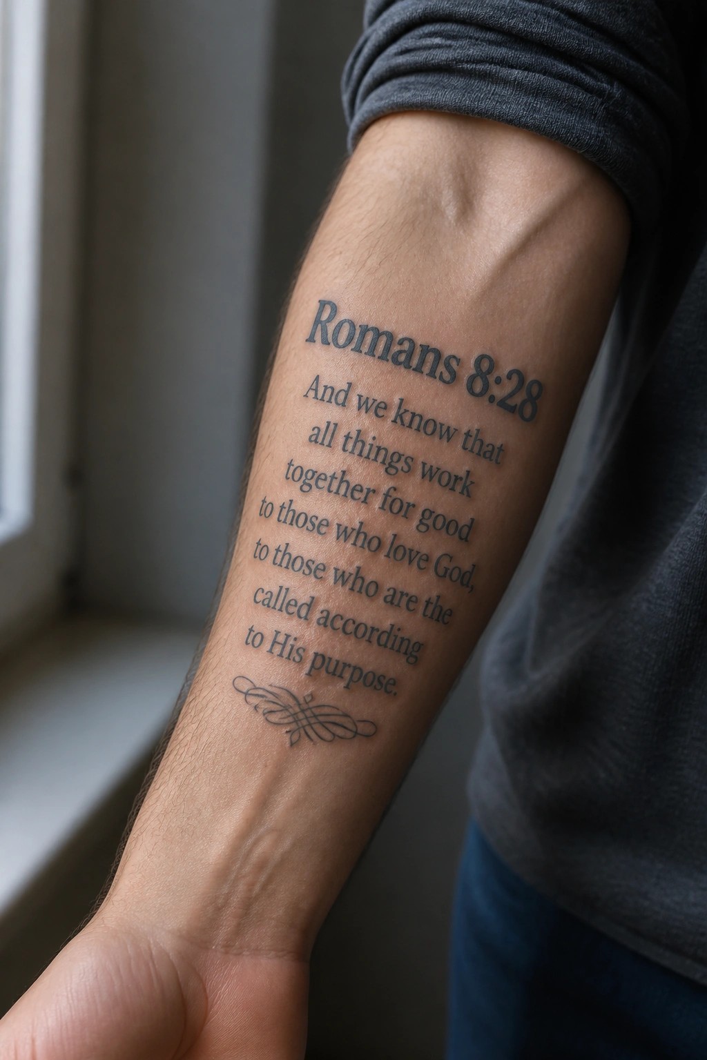 Arm in gray shirt with black ink Romans 8:28 tattoo and decorative flourish.