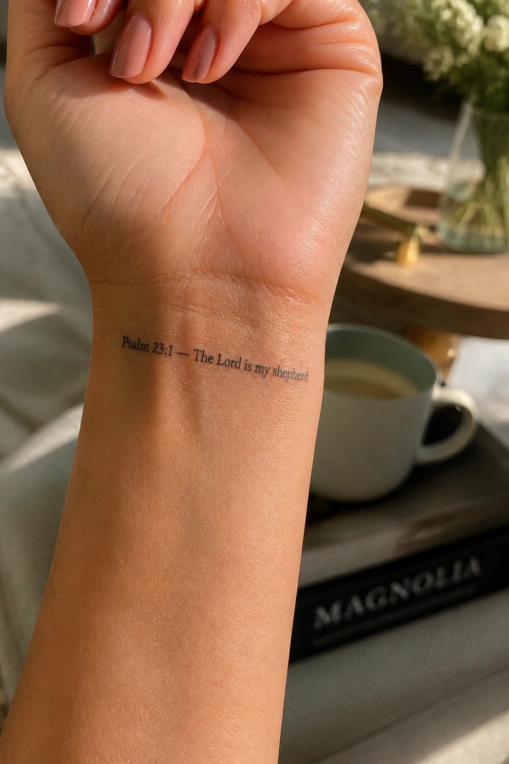 Wrist tattoo of Psalm 23:1 beside pink manicured nails and a coffee cup.