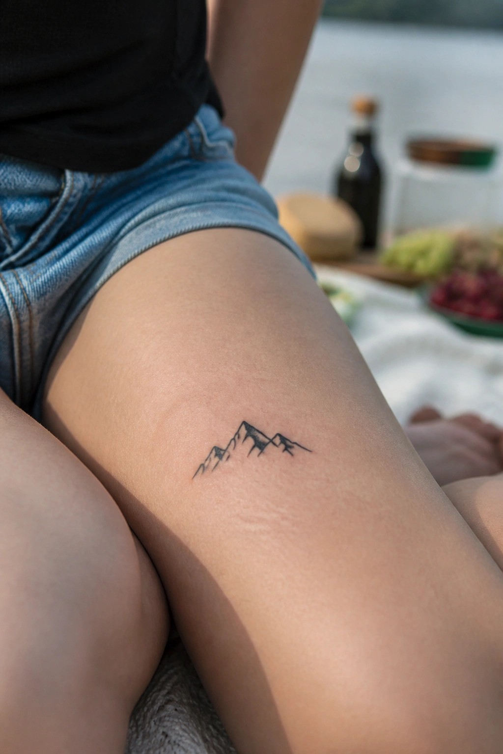 Small minimalist mountain range tattoo on the upper thigh in black line work