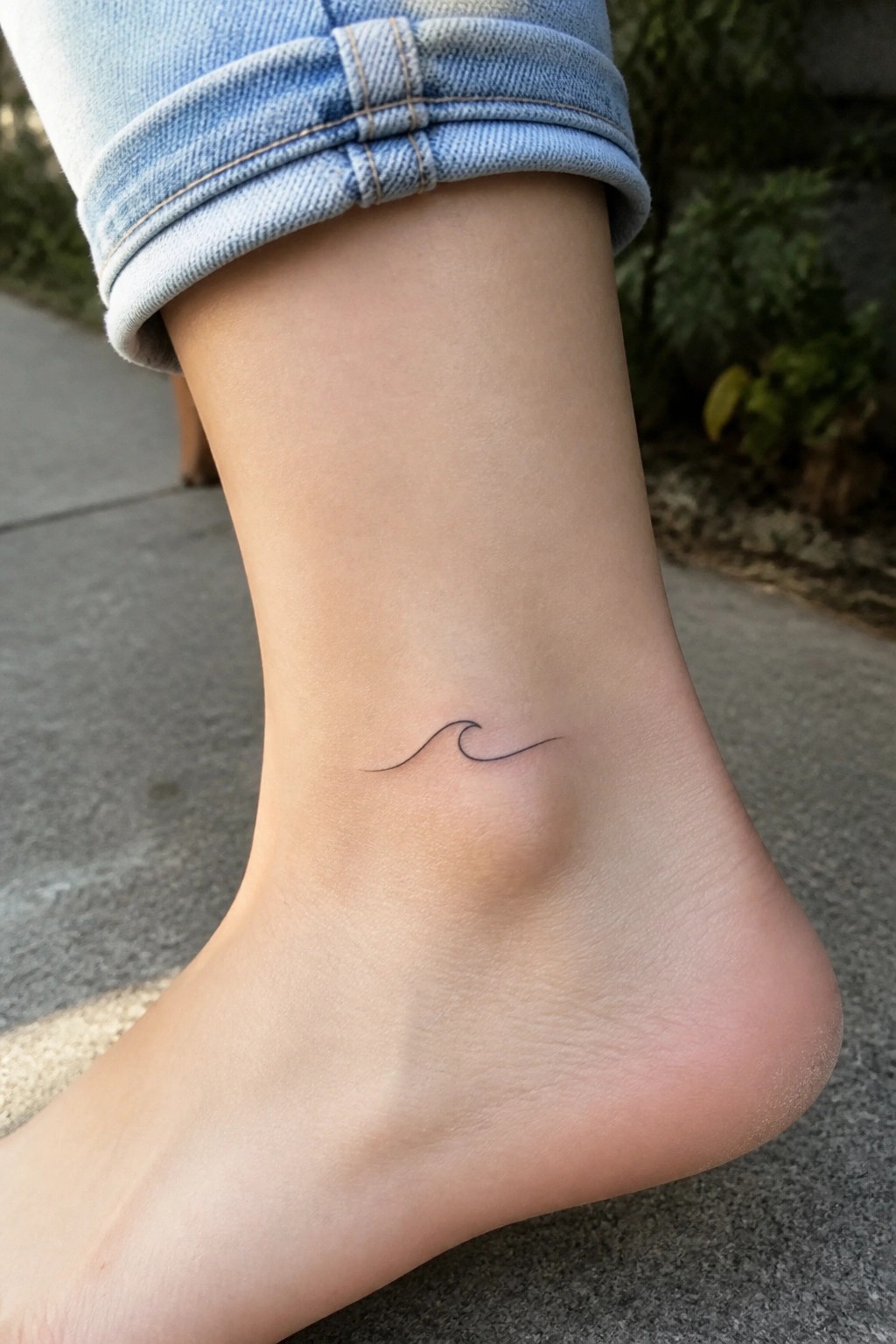 Small line art wave tattoo on the ankle above the foot