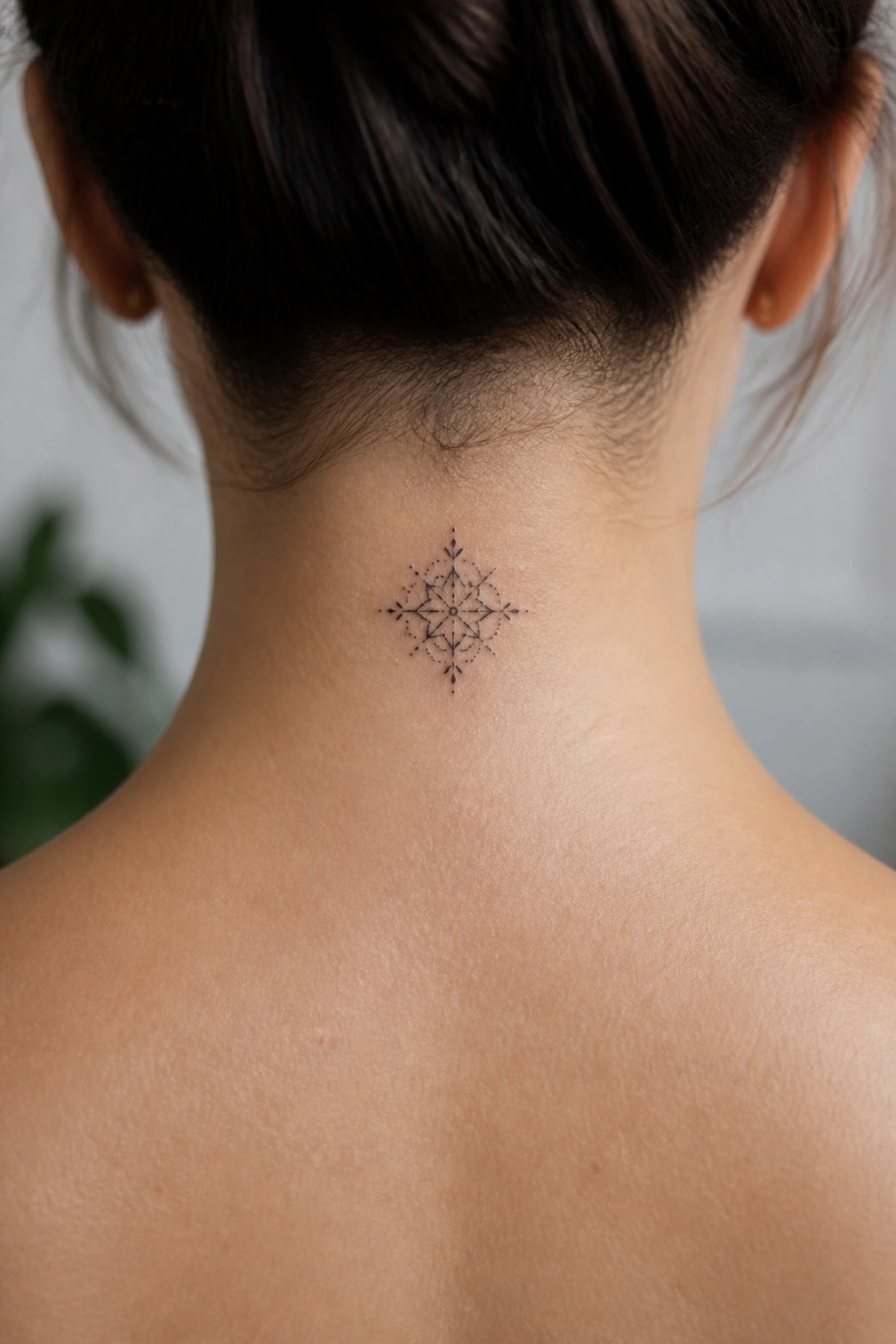 Small black compass rose tattoo centered on the back of a woman's neck below the hairline