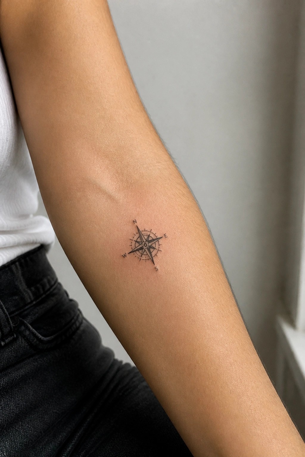 Black compass rose tattoo on inner forearm with white shirt and dark pants