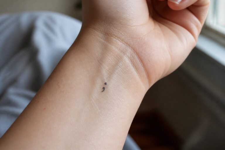 20 Inspiring Small Symbol Tattoos for Women That Carry Deep Personal Meaning Light-skinned wrist with small black semicolon tattoo on inner forearm.