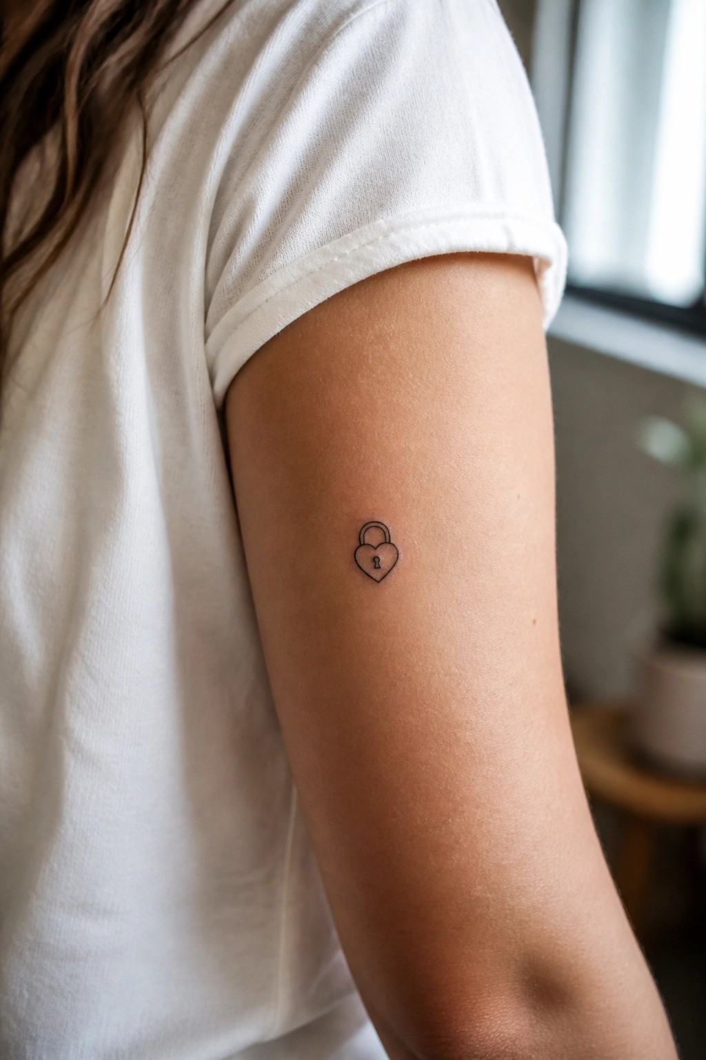 Small heart padlock tattoo on upper arm below white t-shirt sleeve