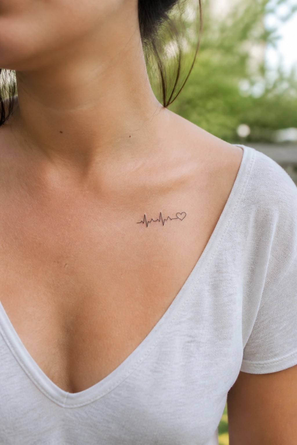 Woman's upper chest showing black heartbeat tattoo with heart on white V-neck shirt