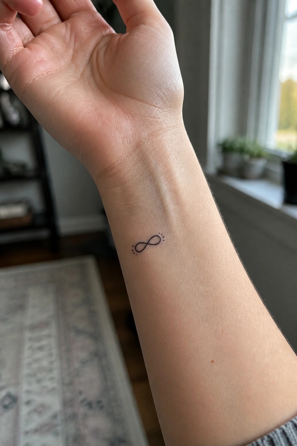 Pale wrist with small black infinity tattoo dotted at ends in bright room.