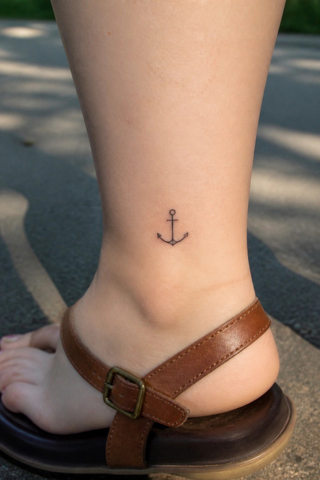 Small black anchor tattoo on ankle above brown leather sandal strap