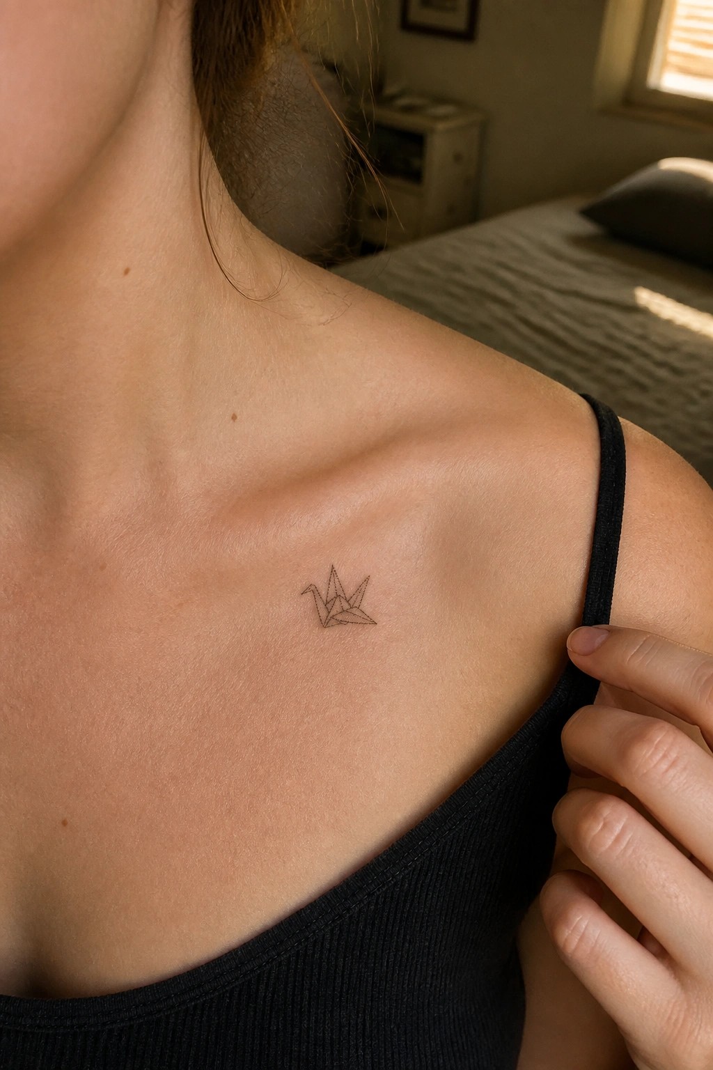 Small fine line origami crane tattoo on a woman's upper chest near the shoulder.