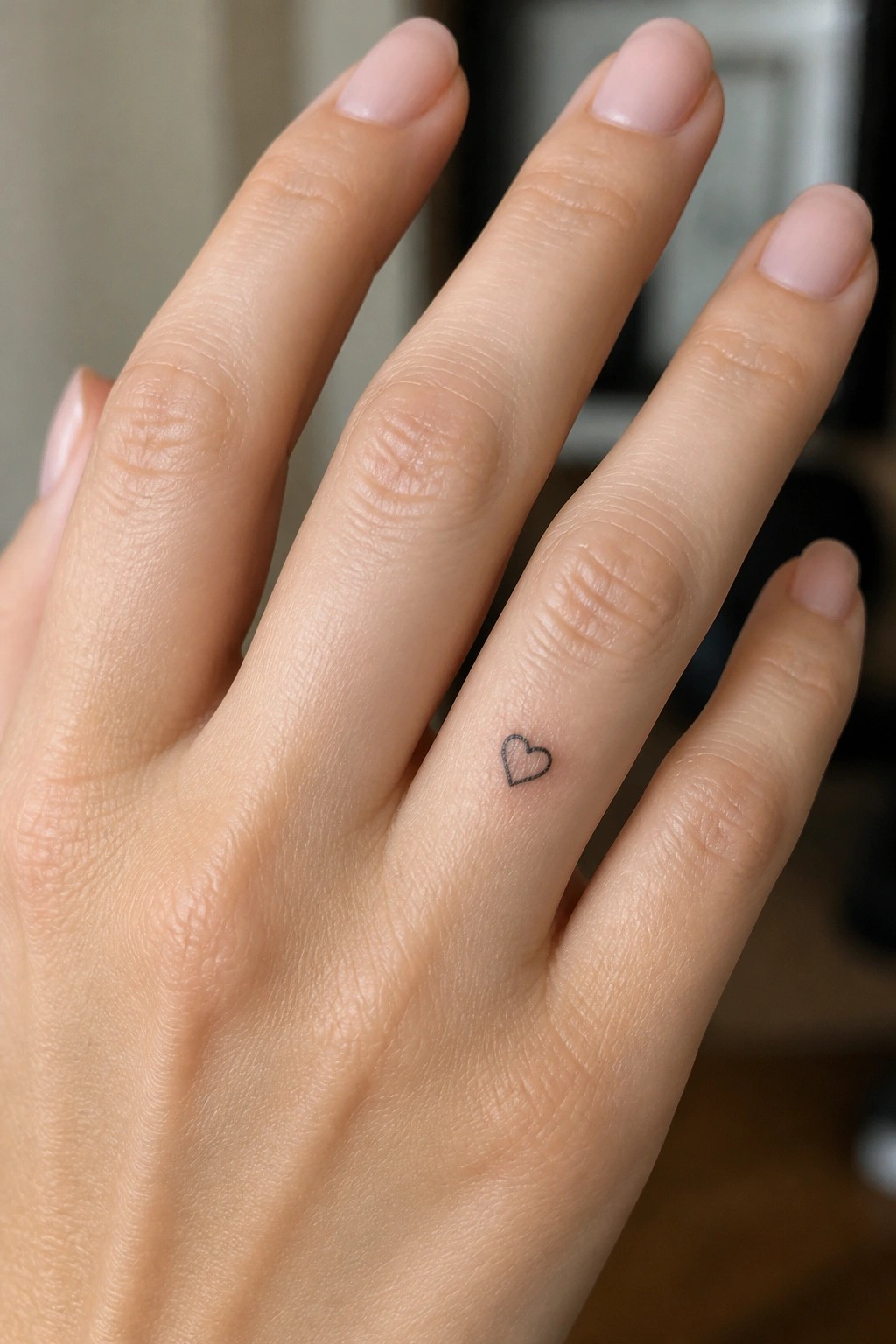 Hand with manicured pale pink nails and small heart tattoo on ring finger.