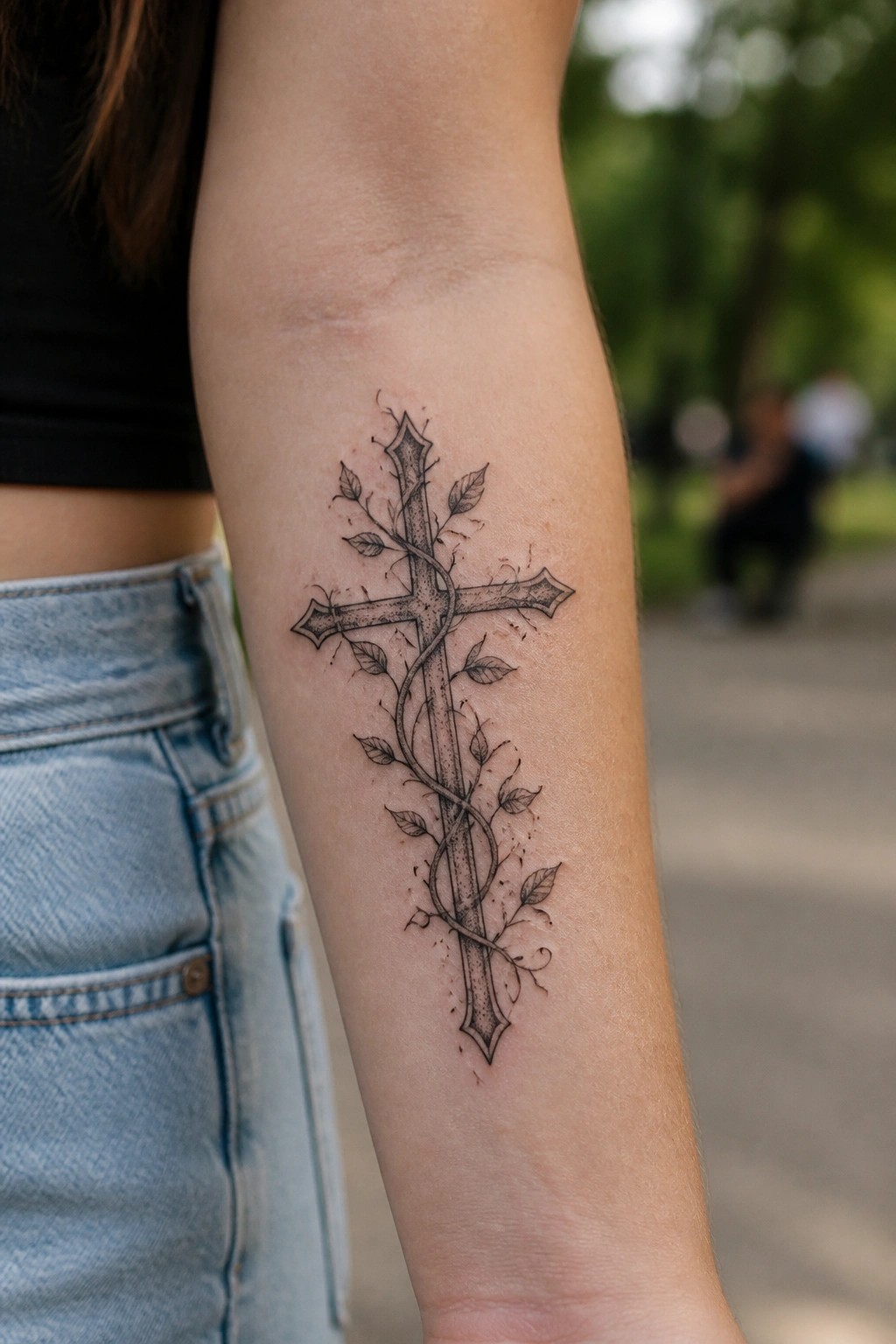 Fine line tattoo of a cross wrapped in vines and leaves on the forearm