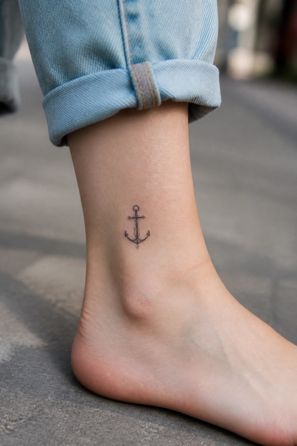Small black anchor tattoo on ankle below rolled-up light blue jeans.