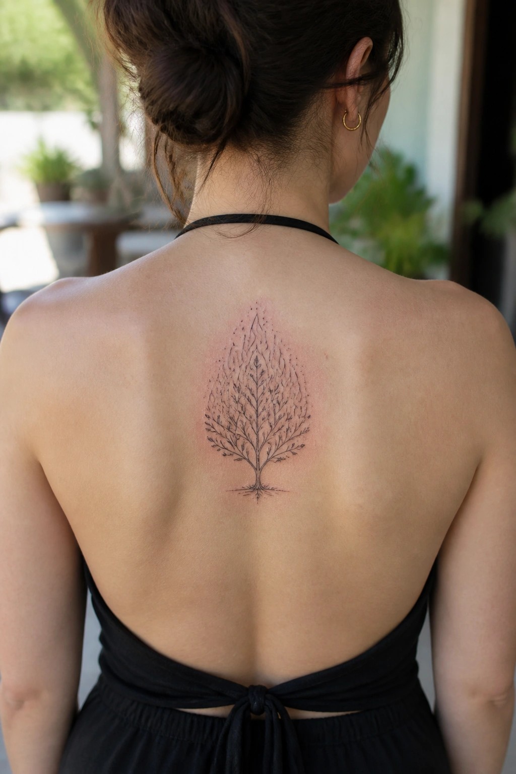 Woman's back with fresh tree tattoo, black halter top, hair in bun.