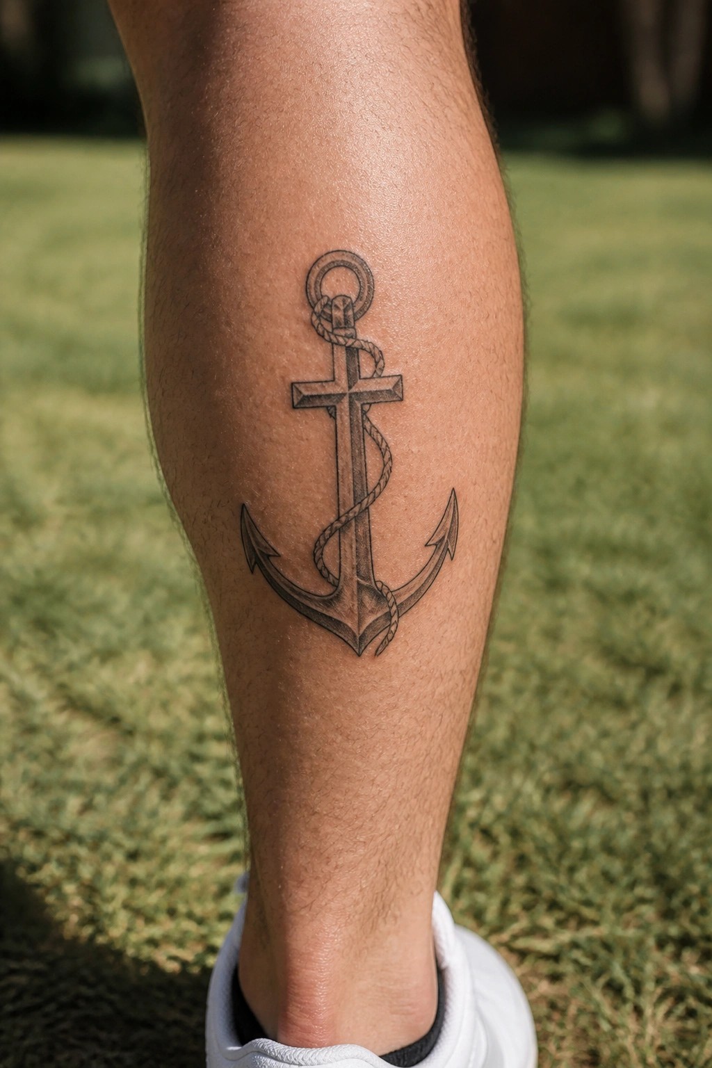 Fine line black and gray anchor tattoo wrapped with rope on the lower leg above the ankle