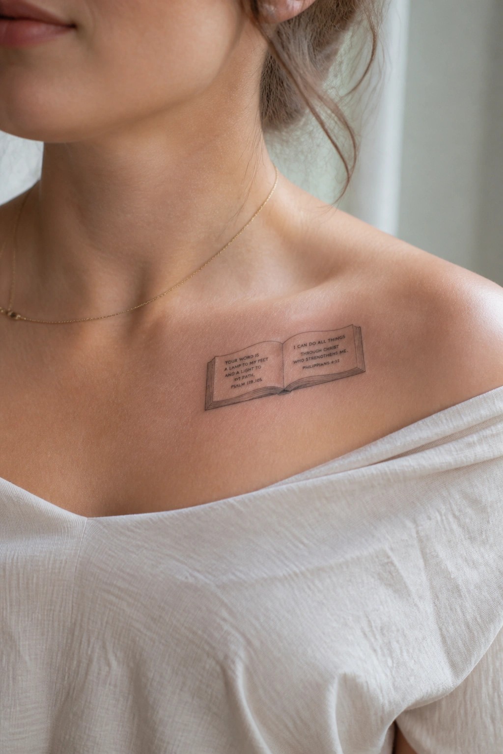 Open book tattoo on woman's collarbone above white off-shoulder top with gold necklace