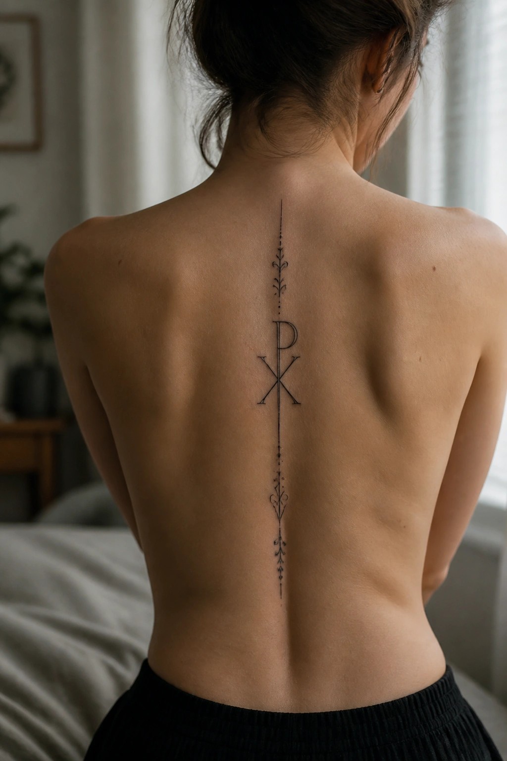 Fine line chi rho tattoo running vertically down the center of a woman's back with delicate ornamental details along the line.