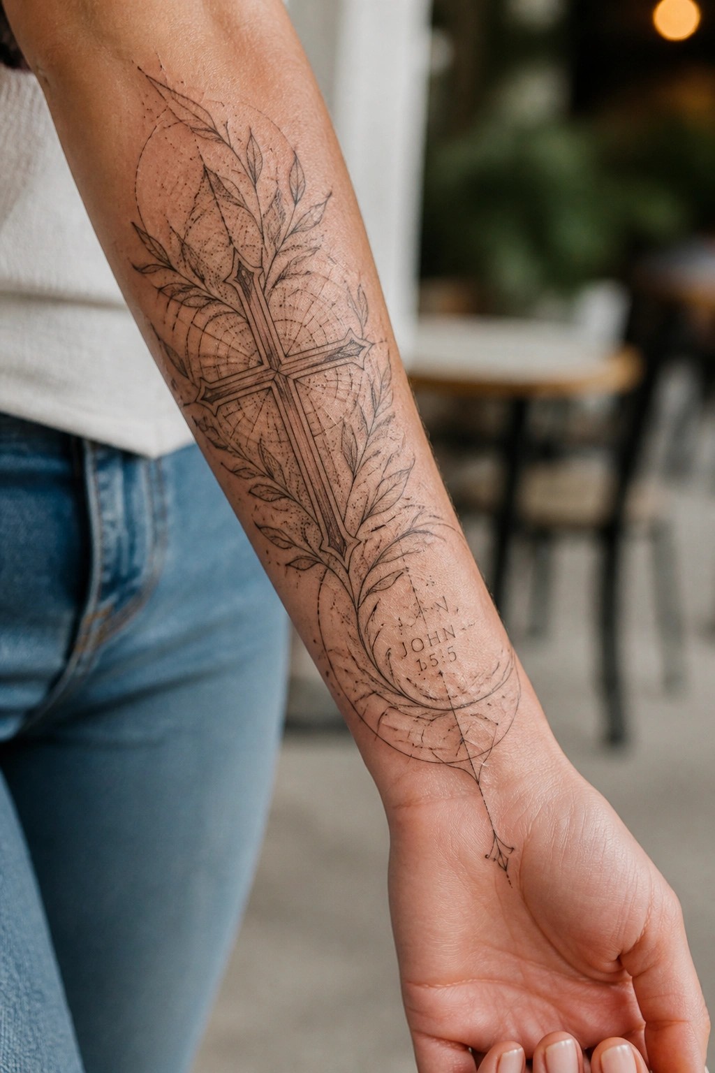 Intricate cross and leaf tattoo with John 15:5 on forearm in jeans