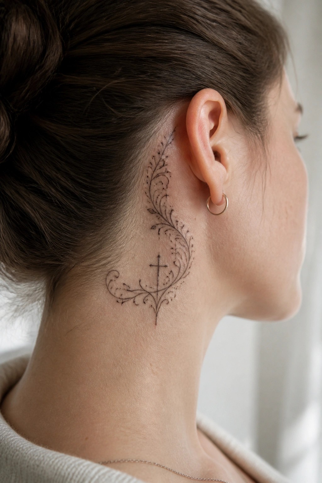 Woman's neck with bun hairstyle and ornate floral cross tattoo behind ear