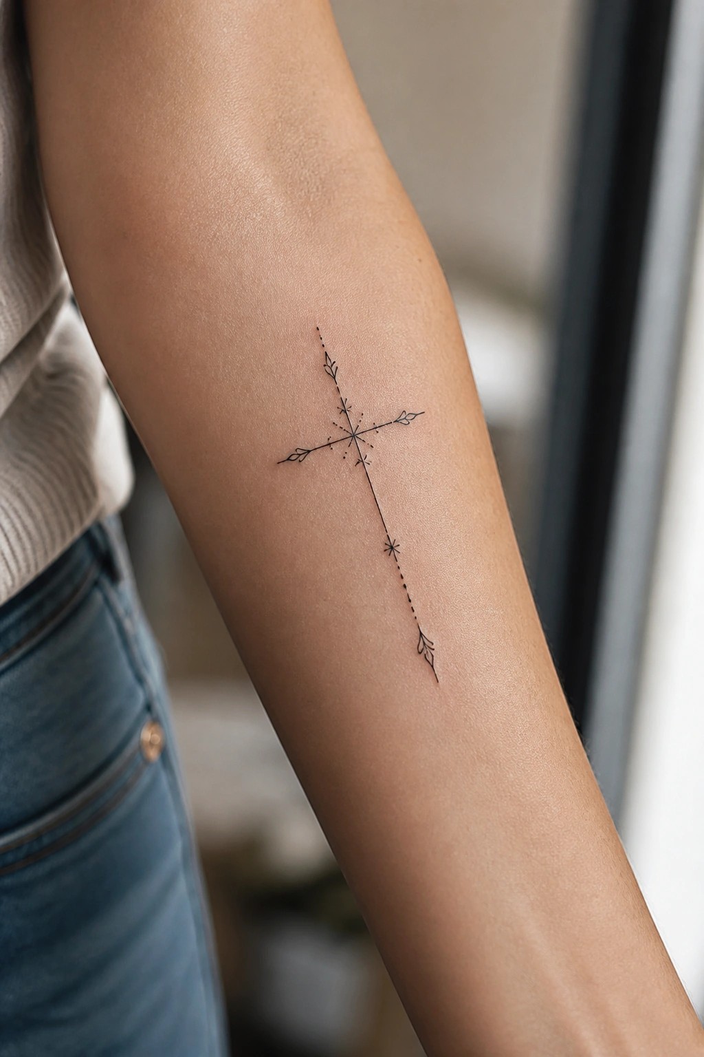 Fine line cross tattoo on the inner forearm with dotted lines, small stars, and leaf accents at the ends