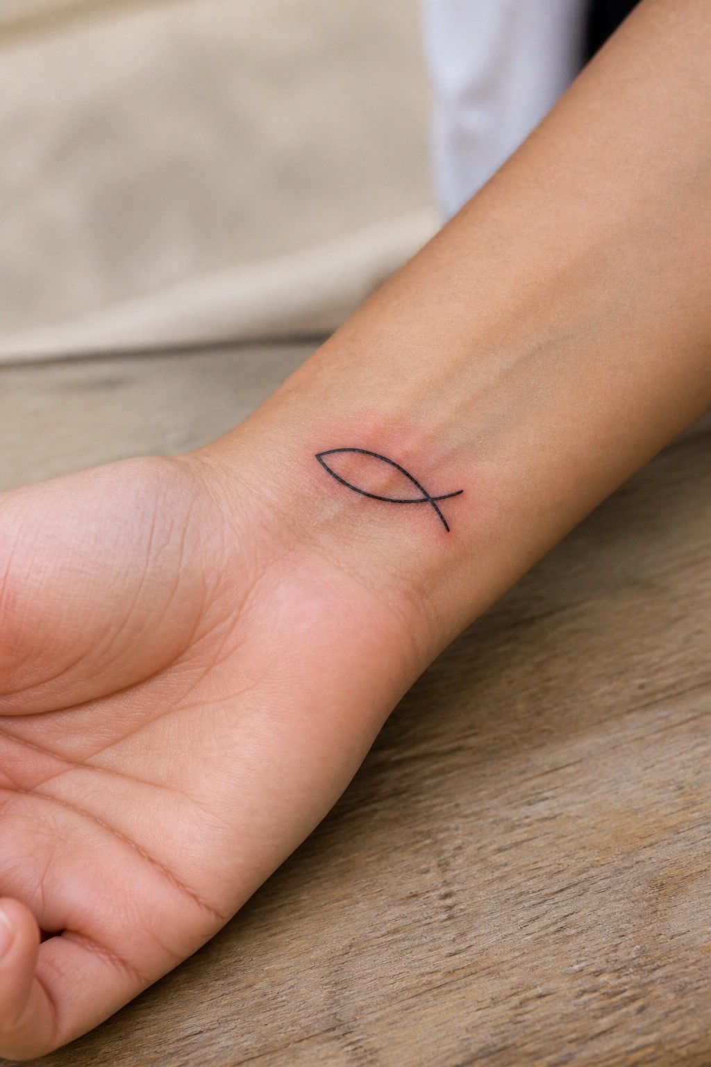 Small black fish tattoo on inner wrist resting on wooden surface