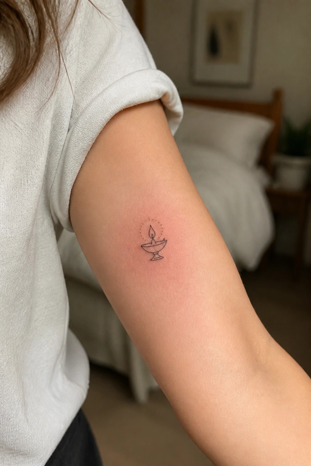 Small fine line tattoo of an oil lamp with a flame on the upper arm