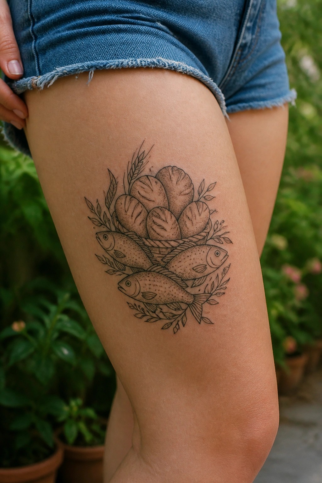 Fine line tattoo of loaves and fish in a circular arrangement with wheat on the thigh.