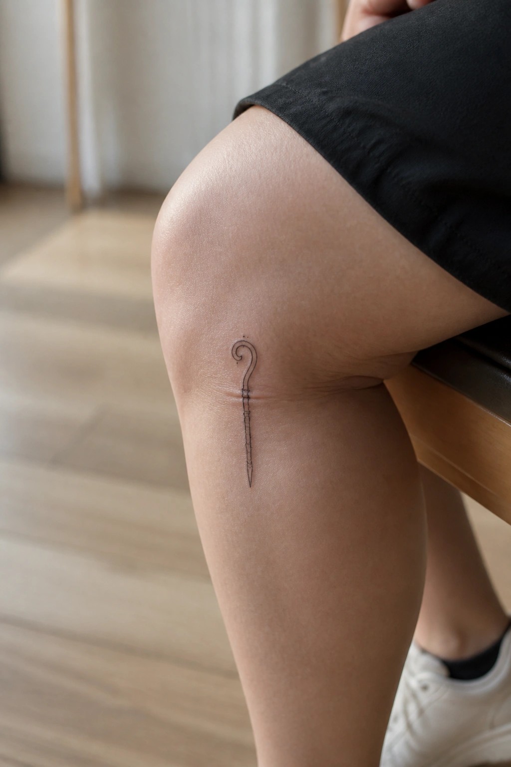 Black line tattoo of a hooked staff on bent knee with black shorts
