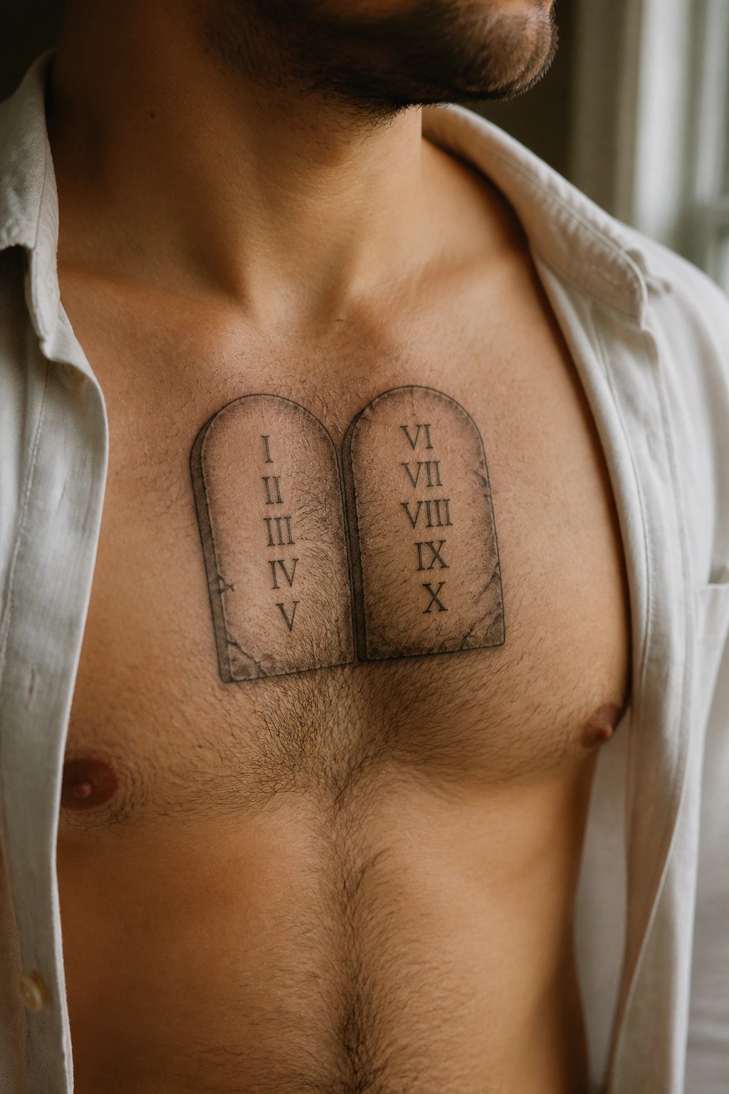Man's chest with Ten Commandments tattoo on open white shirt