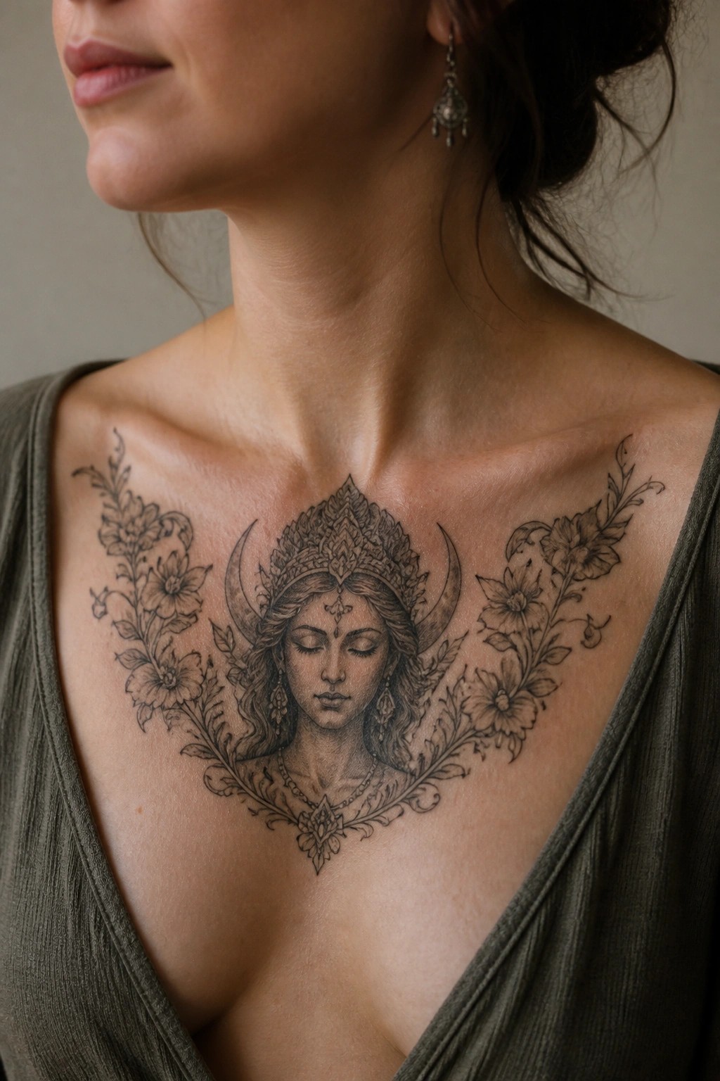 Woman's chest with intricate black goddess tattoo amid flowers, wearing olive top.
