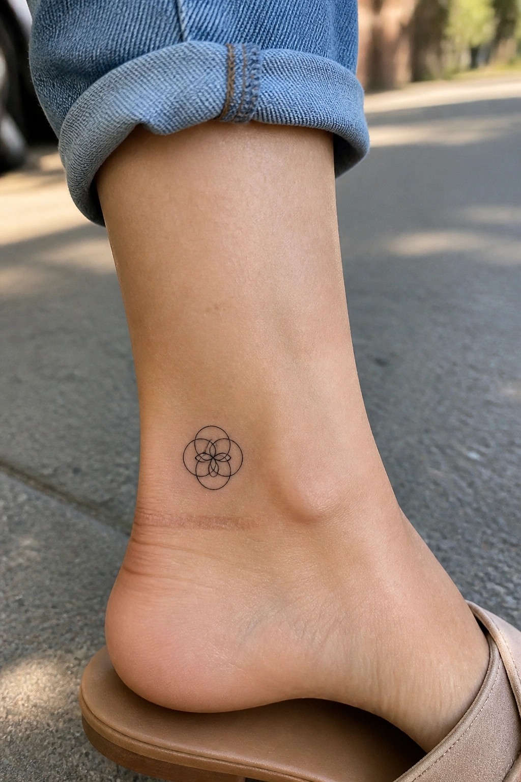 Small black geometric flower tattoo on ankle with cuffed blue jeans and sandal