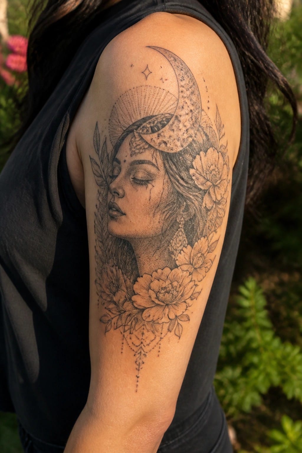 Woman's shoulder with intricate tattoo of face, crescent moon, and flowers in black tank top.