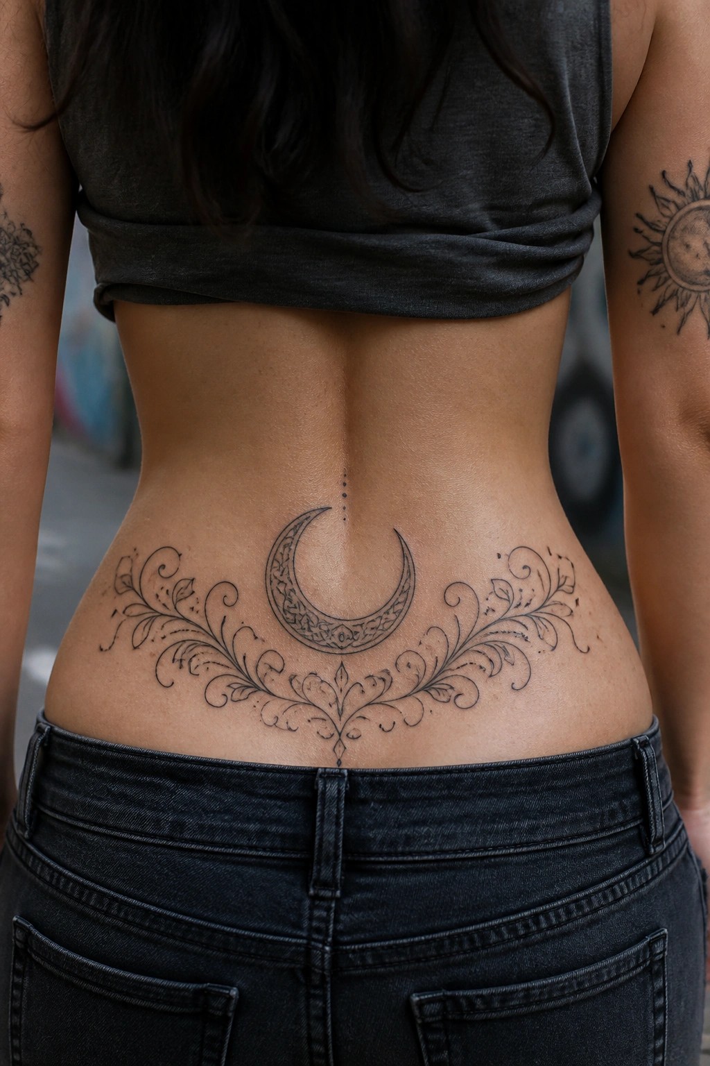 Lower back crescent moon tattoo with floral swirls, gray crop top and black jeans.