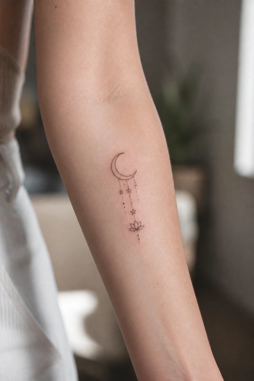 Arm with delicate black line tattoo of crescent moon, stars and lotus flower